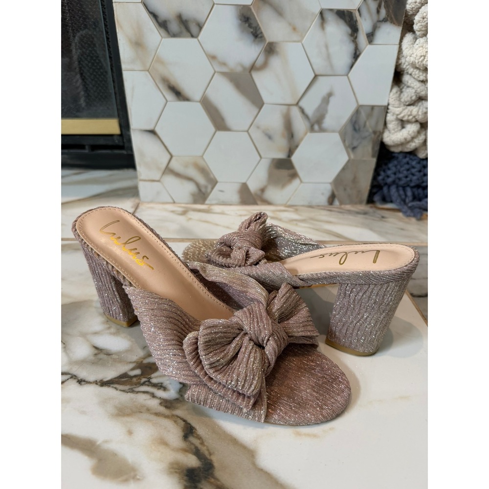 Lulus Heeled Mules Womens 9 Rose Gold Shimmer Pleated Bow Knot Block Heel - Picture 1 of 7